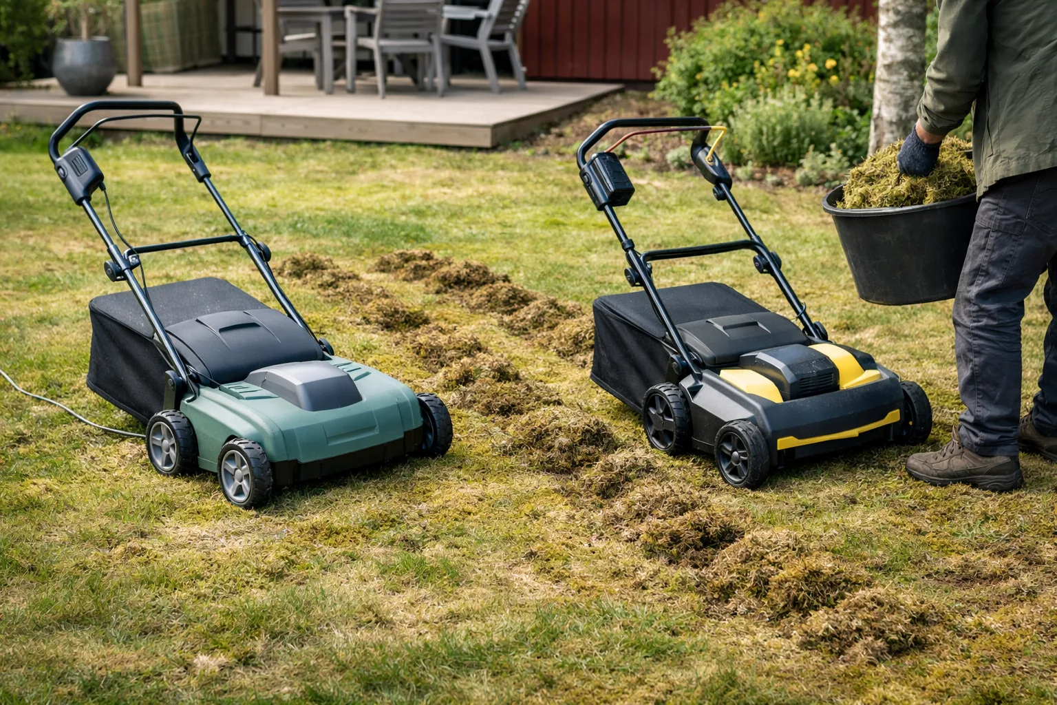 Två omärkta vertikalskärare på en gräsmatta.