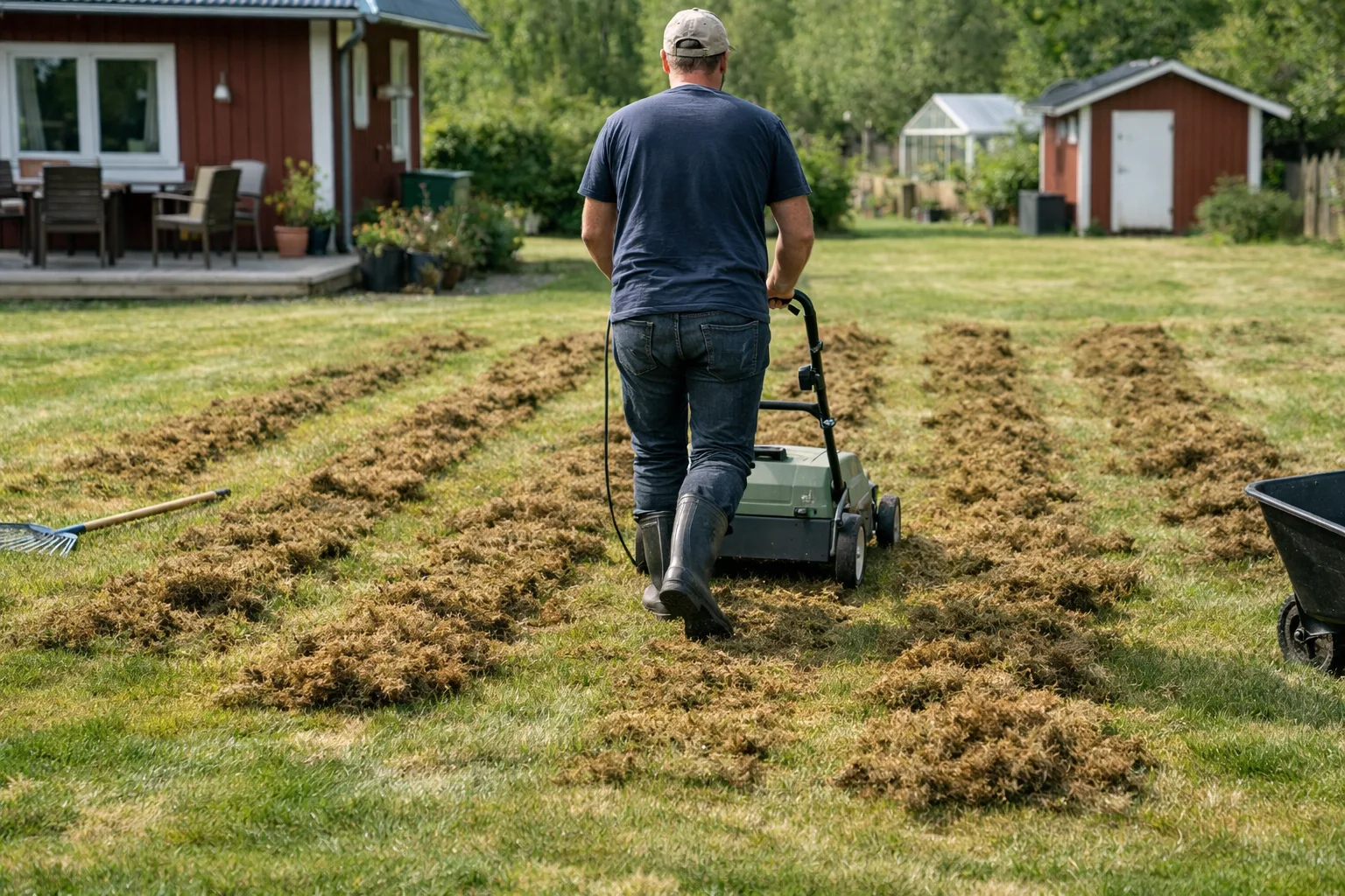 Vertikalskärare arbetar över en mossig gräsmatta.
