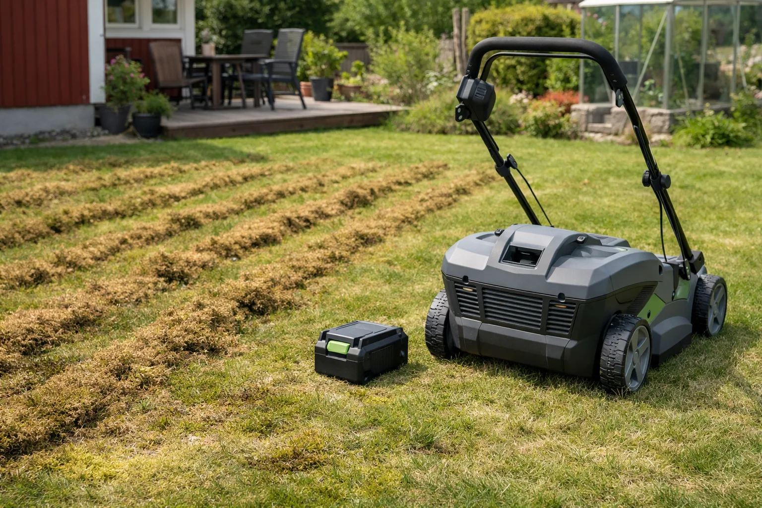 Omärkt batteridriven vertikalskärare vid gräsmattan.