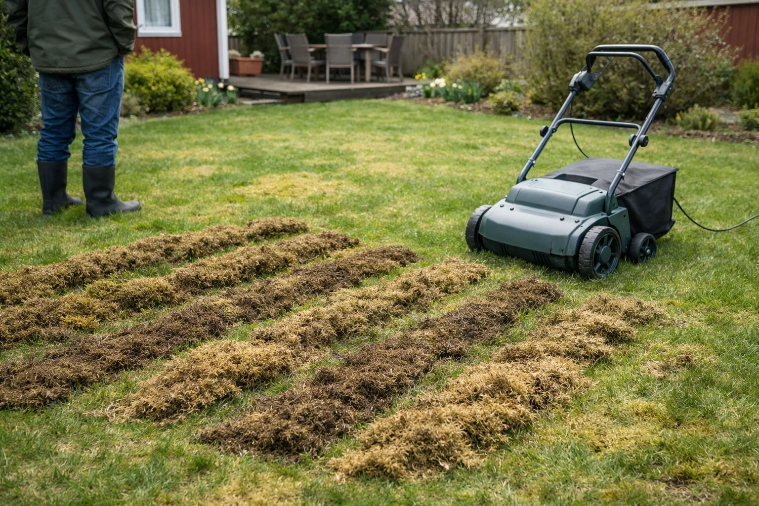 Mossfläckar i en svensk villagräsmatta.